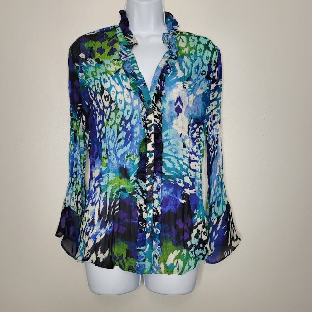 Vintage 90s Allison Taylor blue green abstract animal print button front top xi